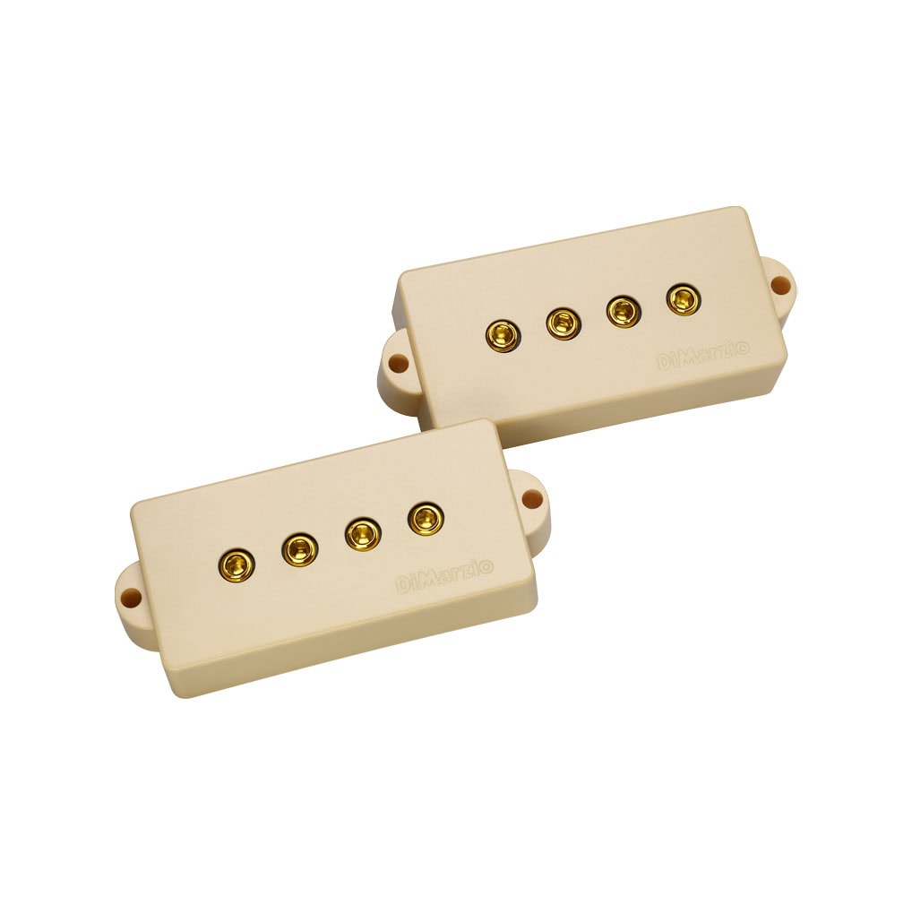 Two beige electric guitar pickups with four gold pole pieces each, labeled DiMarzio.