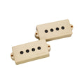 Two beige electric bass pickups with four black pole pieces each and DiMarzio branding on them.