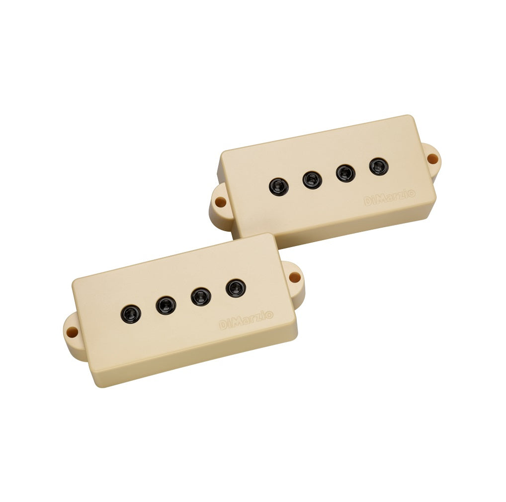 Two beige electric bass pickups with four black pole pieces each and DiMarzio branding on them.