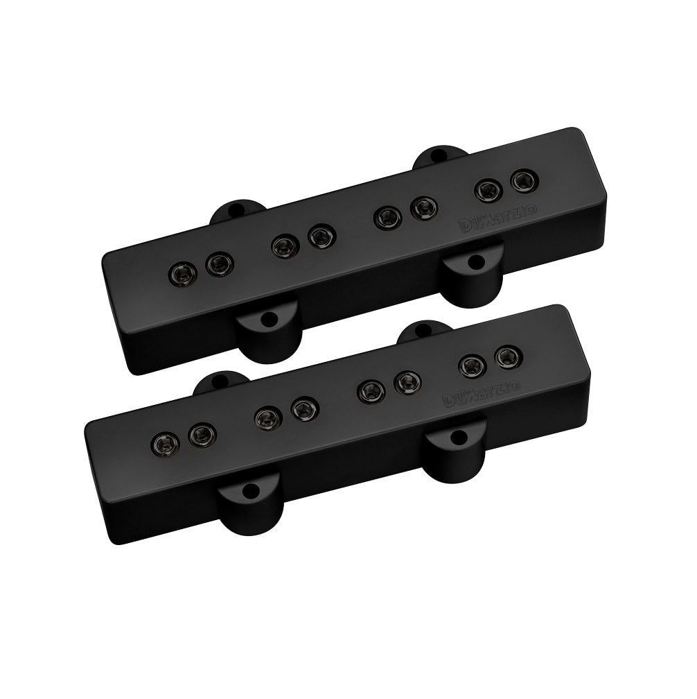 Two black rectangular electric bass guitar pickups with pole pieces and mounting holes.