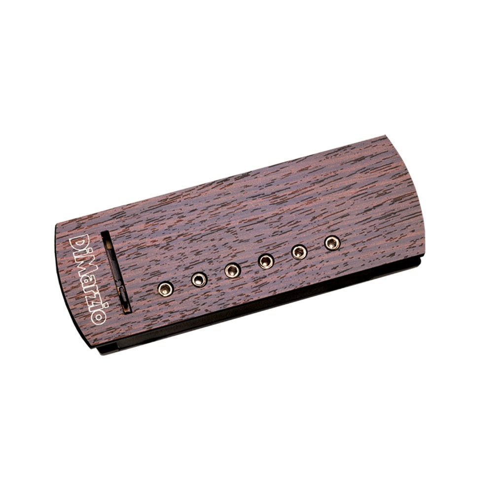 Rectangular wooden acoustic guitar pickup with six metal pinholes and DiMarzio logo on one side.
