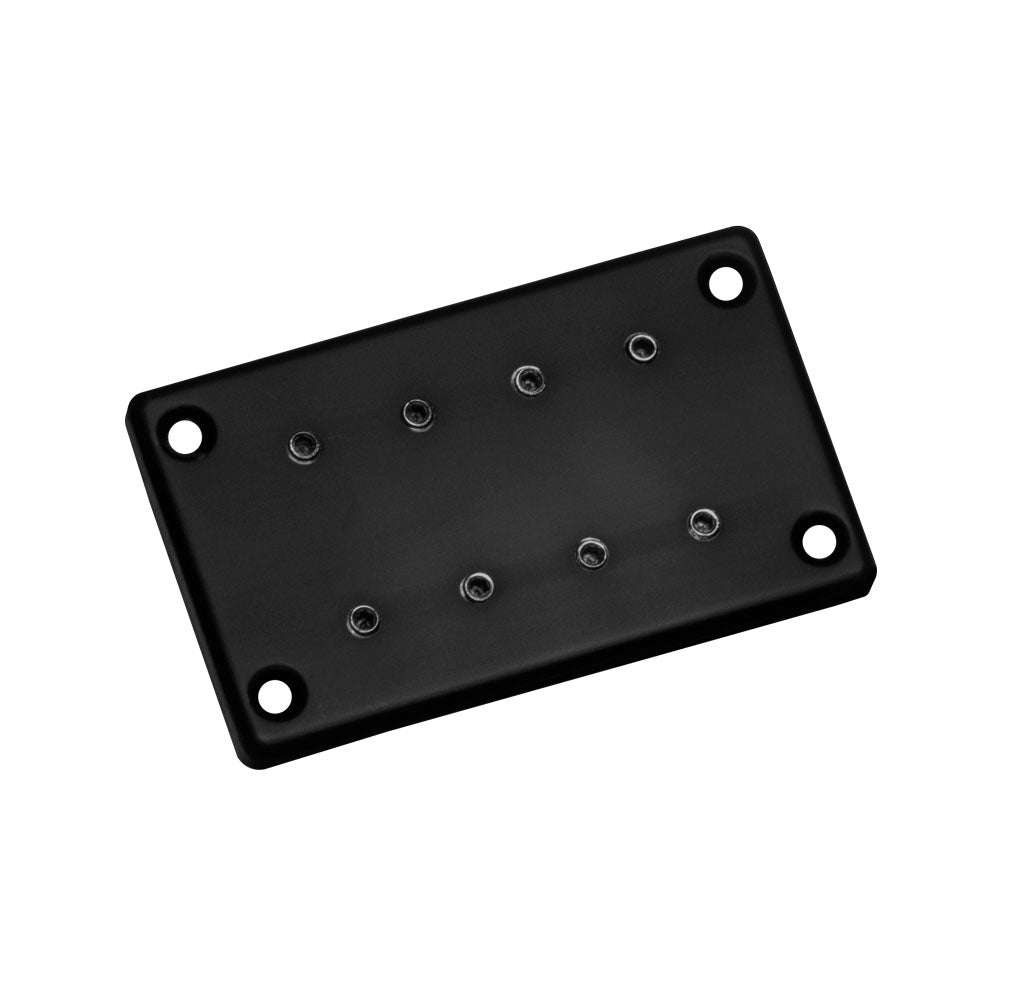 Black rectangular bass guitar pickup with eight pole pieces and four mounting holes on a white background.