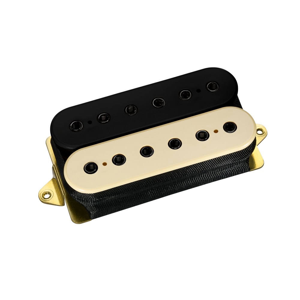 Two-coil black and cream-colored guitar pickup with gold mounting frame on white background.