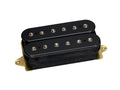 Black dual-coil guitar pickup with gold base plate against white background.