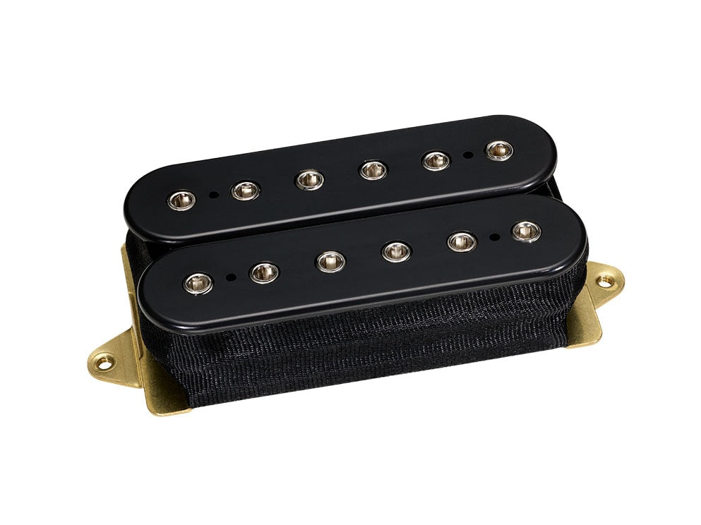 Black dual-coil guitar pickup with gold base plate against white background.