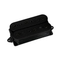 Black humbucker guitar pickup with two rows of pole pieces on a white background.