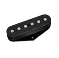 Black guitar pickup with six silver pole pieces and two mounting holes shown on a white background.