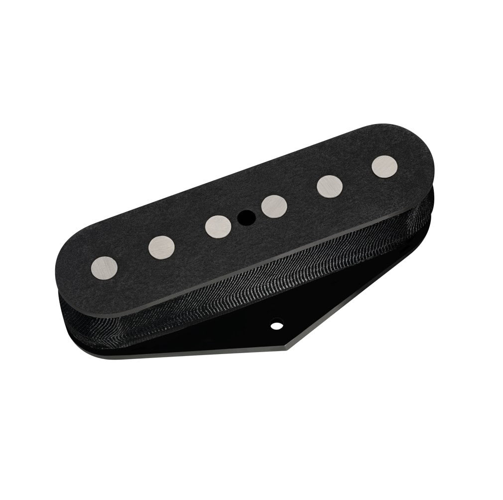Black guitar pickup with six silver pole pieces and two mounting holes shown on a white background.