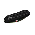 Black guitar pickup with two parallel rails and DiMarzio logo, connected to a set of five colored wire leads.
