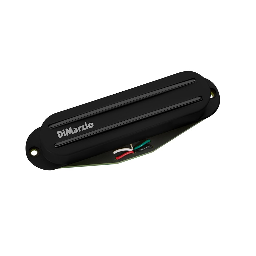 Black guitar pickup with two parallel rails and DiMarzio logo, connected to a set of five colored wire leads.