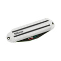 White guitar pickup with black poles and colored wires attached, branded DiMarzio.