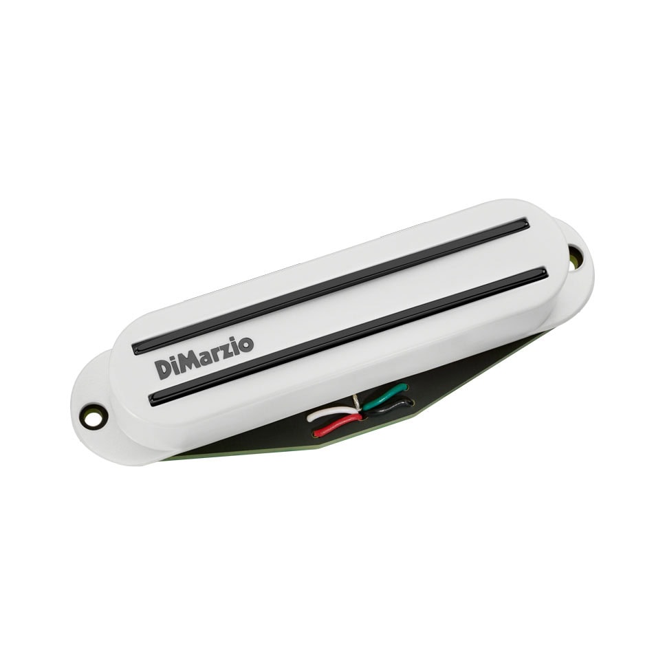 White guitar pickup with black poles and colored wires attached, branded DiMarzio.
