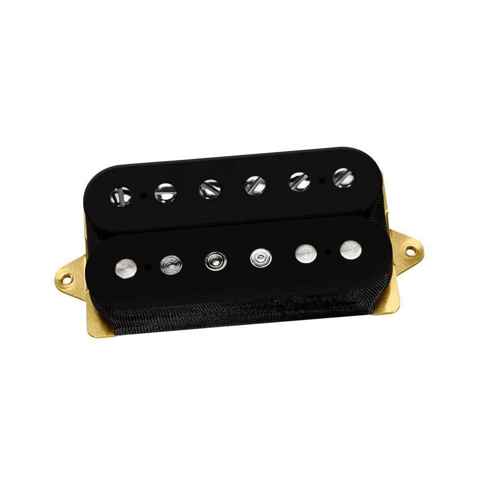 Black humbucker guitar pickup with gold mounting base and silver pole pieces and screws.