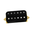 Black humbucker guitar pickup with gold mounting base and silver pole pieces and screws.