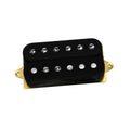 Black guitar pickup with six adjustable pole screws on a gold baseplate.