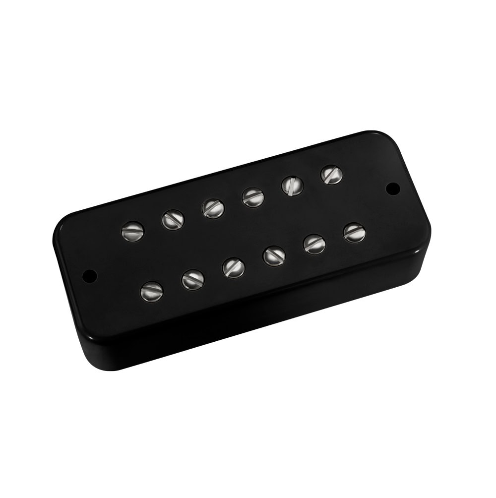 Black guitar pickup with twelve adjustable screws arranged in two rows on a white background.