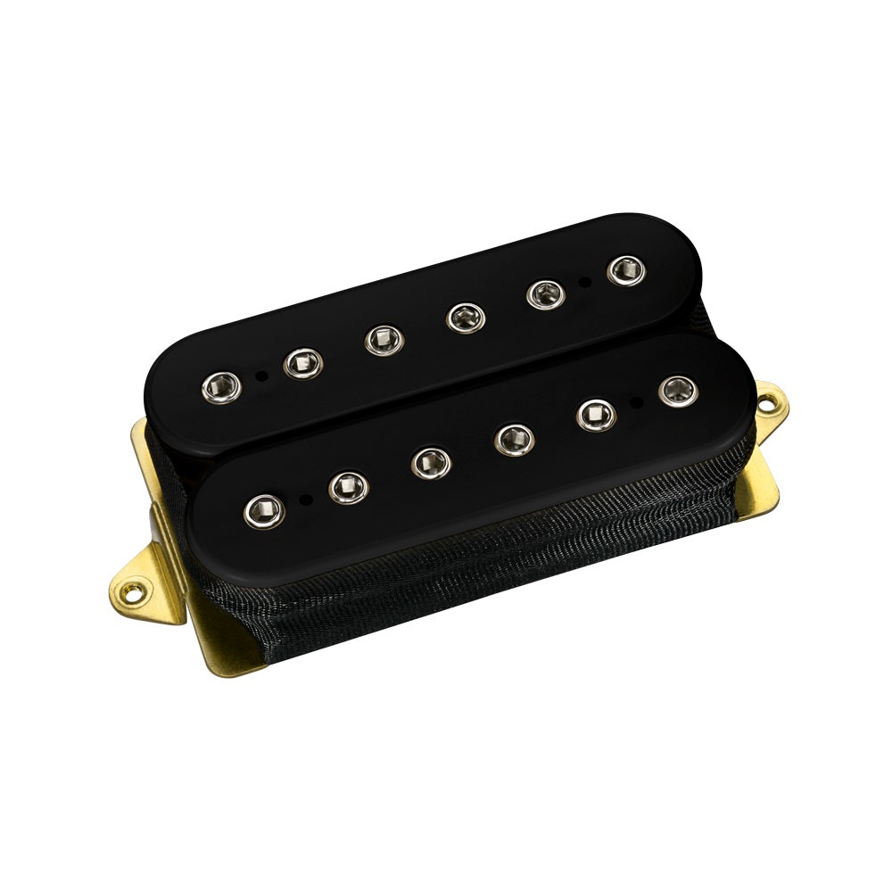 Black guitar pickup with metal pole pieces and gold mounting plate isolated on white background.