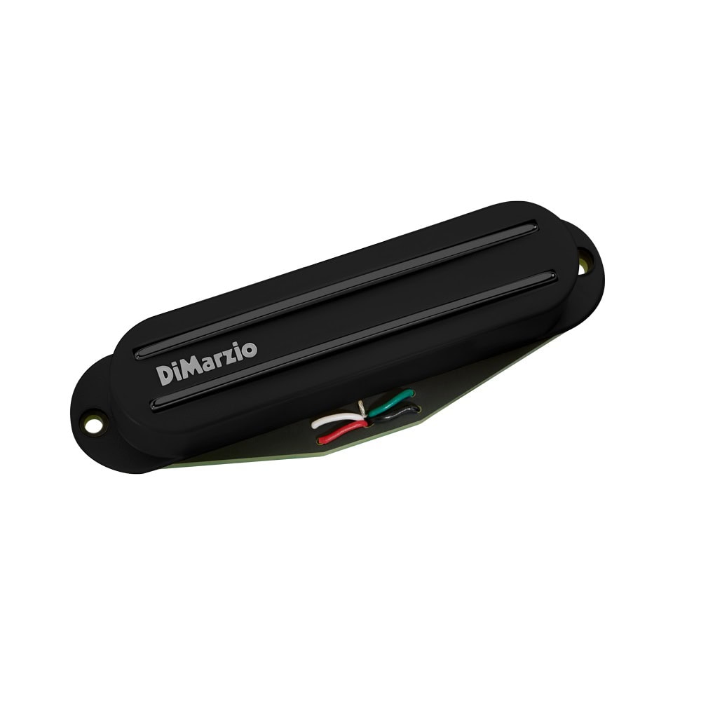 Black guitar pickup with DiMarzio logo and four wires visible on bottom side.
