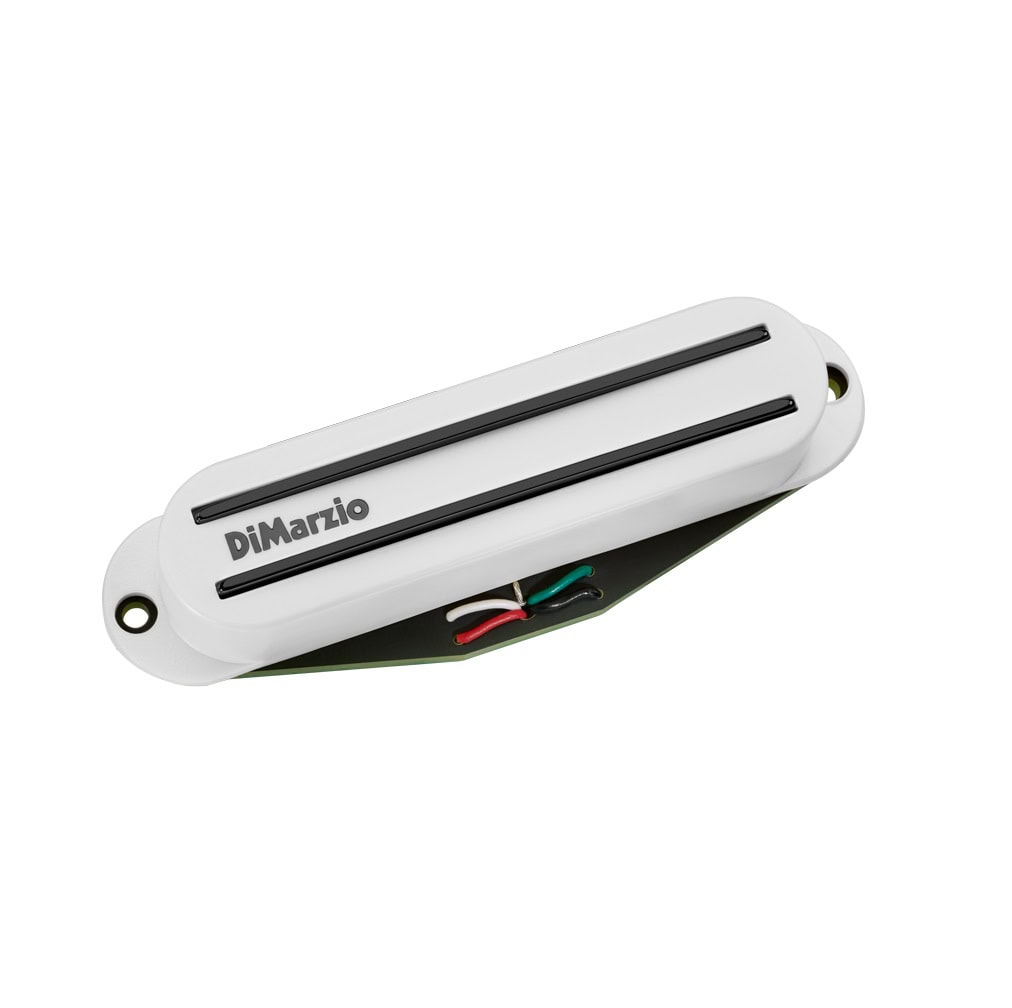White guitar pickup with two black poles and DiMarzio logo, showing attached wires.
