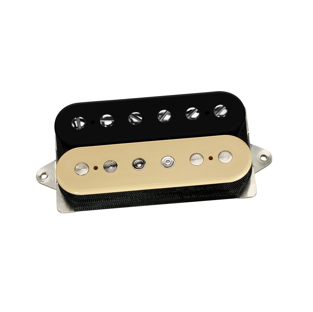 Humbucker guitar pickup with black and cream coil covers and metal mounting base