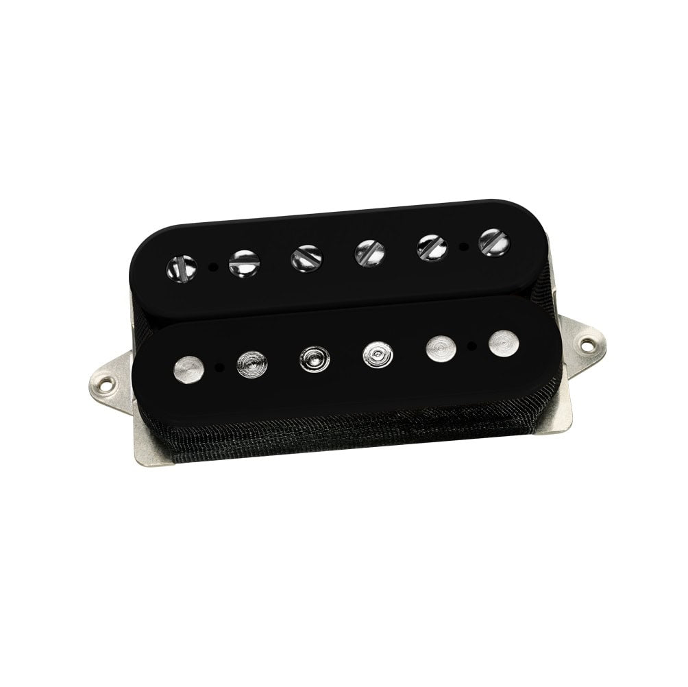 Close-up of a black guitar humbucker pickup with six adjustable pole screws on white background.