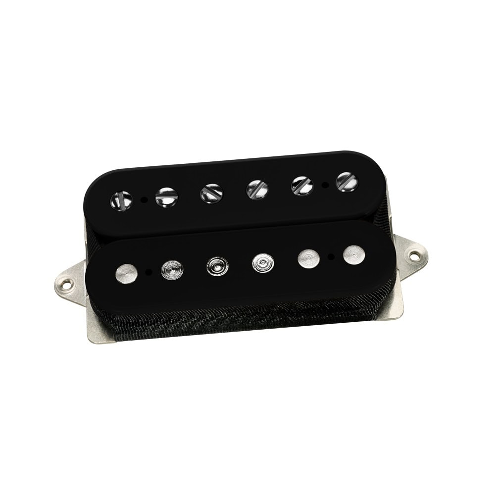 Black dual-coil guitar pickup with metal base plate and adjustable pole screws.