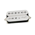 White electric guitar humbucker pickup with adjustable pole screws on a metal base plate.