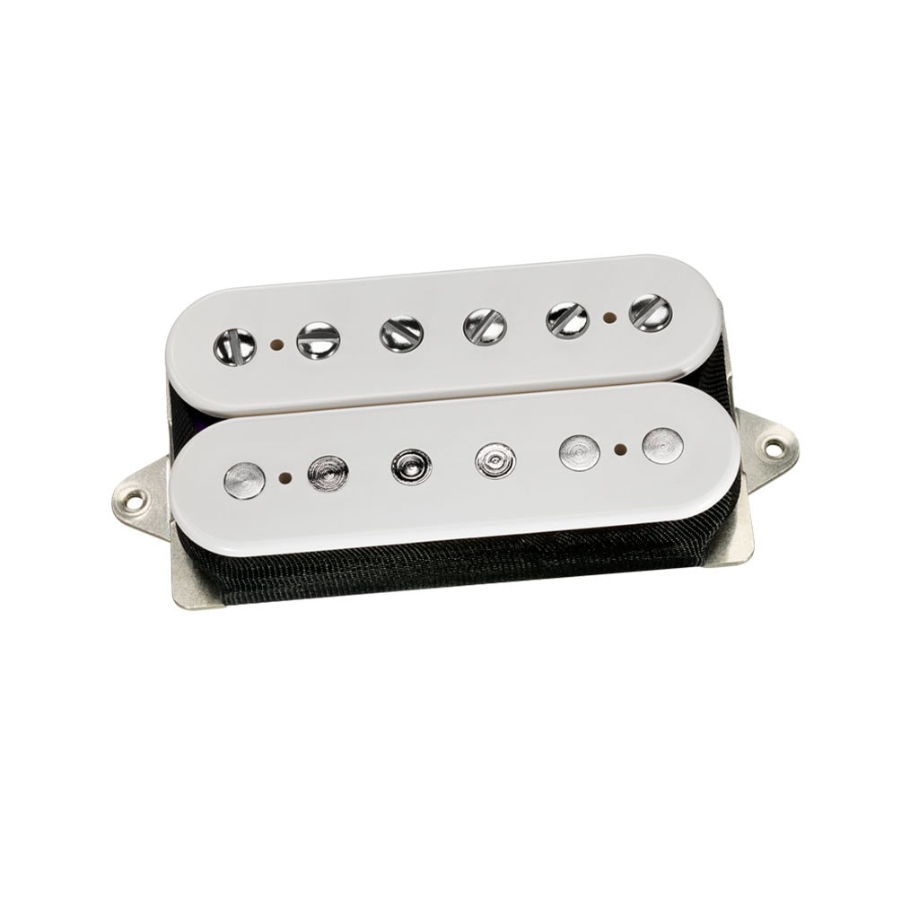White electric guitar humbucker pickup with adjustable pole screws on a metal base plate.