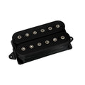 Black guitar humbucker pickup with six metal pole pieces on each coil and mounting tabs on each side.