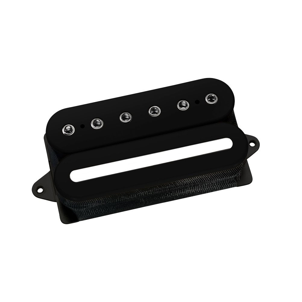 Black guitar pickup with six pole pieces and a slot for string placement on a white background.