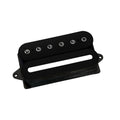 Black guitar pickup with six pole pieces and a slot for string placement on a white background.