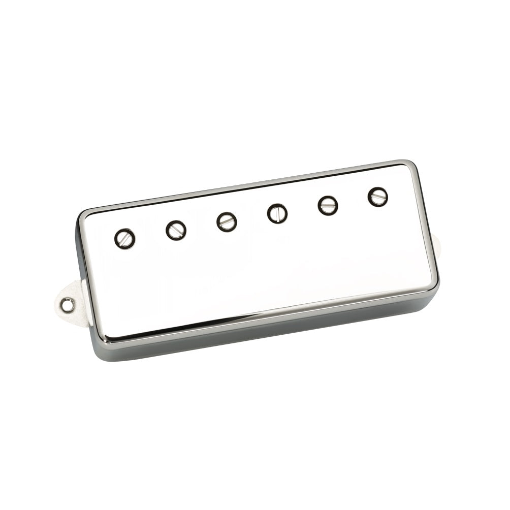 Silver metal guitar pickup with six adjustable pole screws on a white background.
