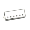 Silver metal guitar pickup with six adjustable screw pole pieces on a white background.