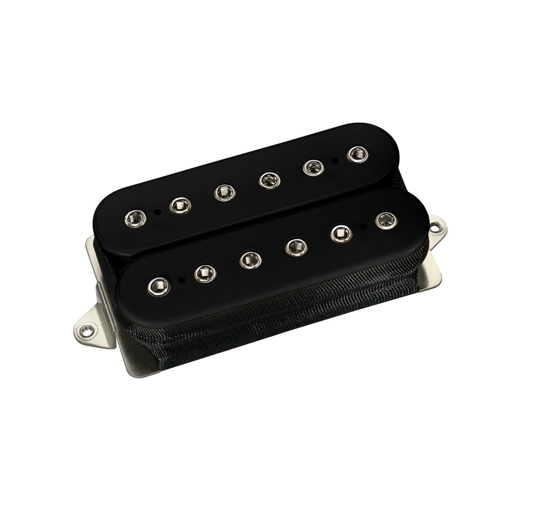 Black dual-coil electric guitar pickup with silver pole pieces on a white background.