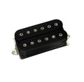 Black humbucker guitar pickup with black plastic bobbins and silver pole pieces on a metal base plate.