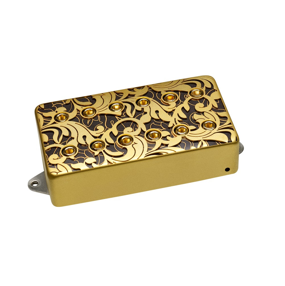 Gold and black decorative guitar pickup with twelve pole pieces in two rows.