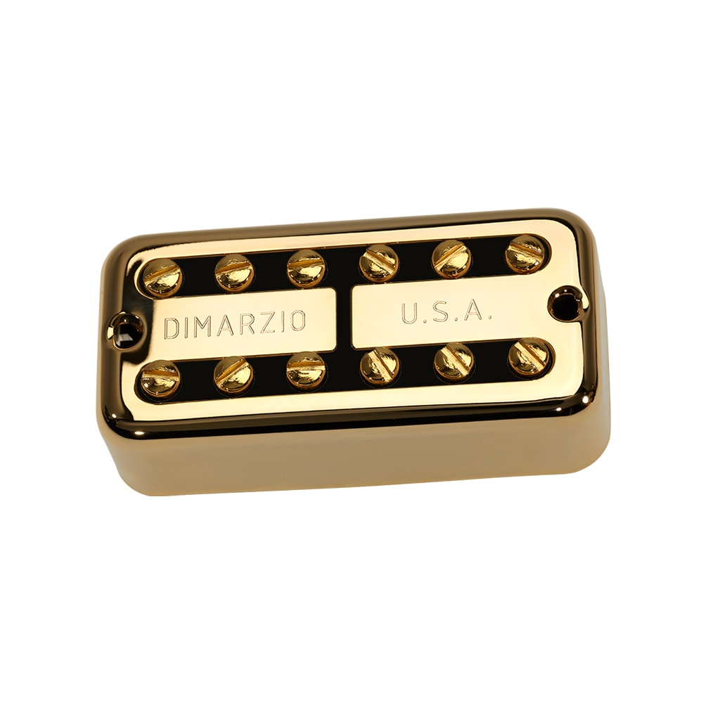 Gold guitar pickup with black insert and visible screws labeled DIMARZIO and U.S.A.