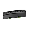 Black guitar neck pickup with seven pole pieces and green metallic mounting rings.