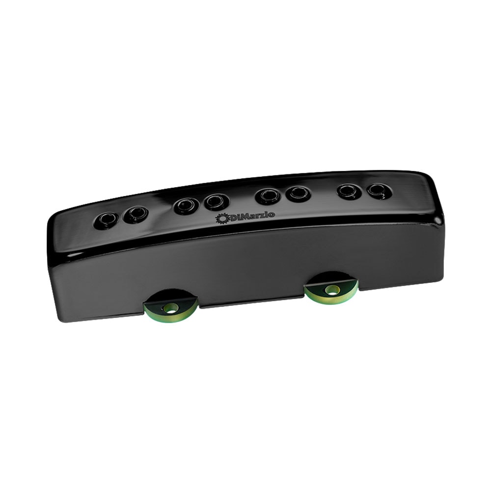Black electric bass guitar bridge pickup with six pole pieces and DiMarzio logo.