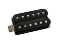 Black dual-coil humbucker guitar pickup with metal mounting plate and adjustable screw pole pieces.