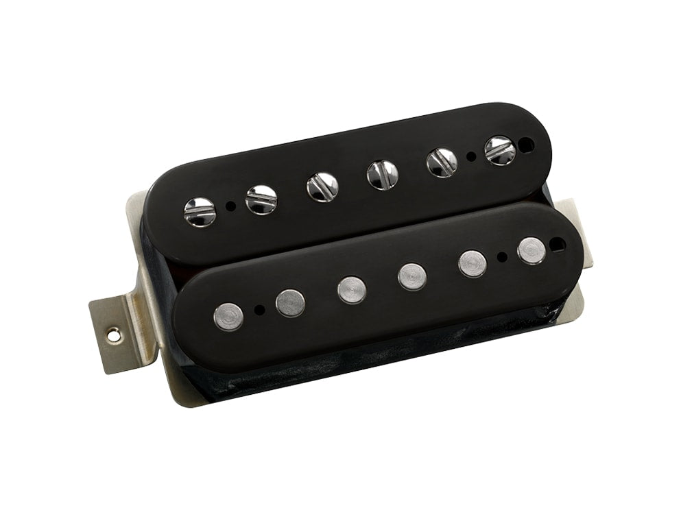 Black dual-coil humbucker guitar pickup with metal mounting plate and adjustable screw pole pieces.