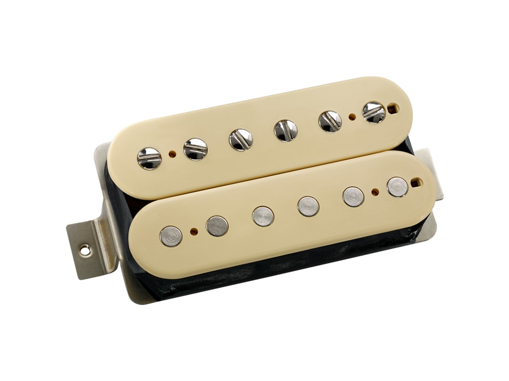 Cream-colored humbucker-style guitar pickup with six adjustable pole pieces on each coil mounted on a metal baseplate.