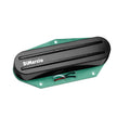 Black DiMarzio guitar pickup with green mounting plate and attached wires.