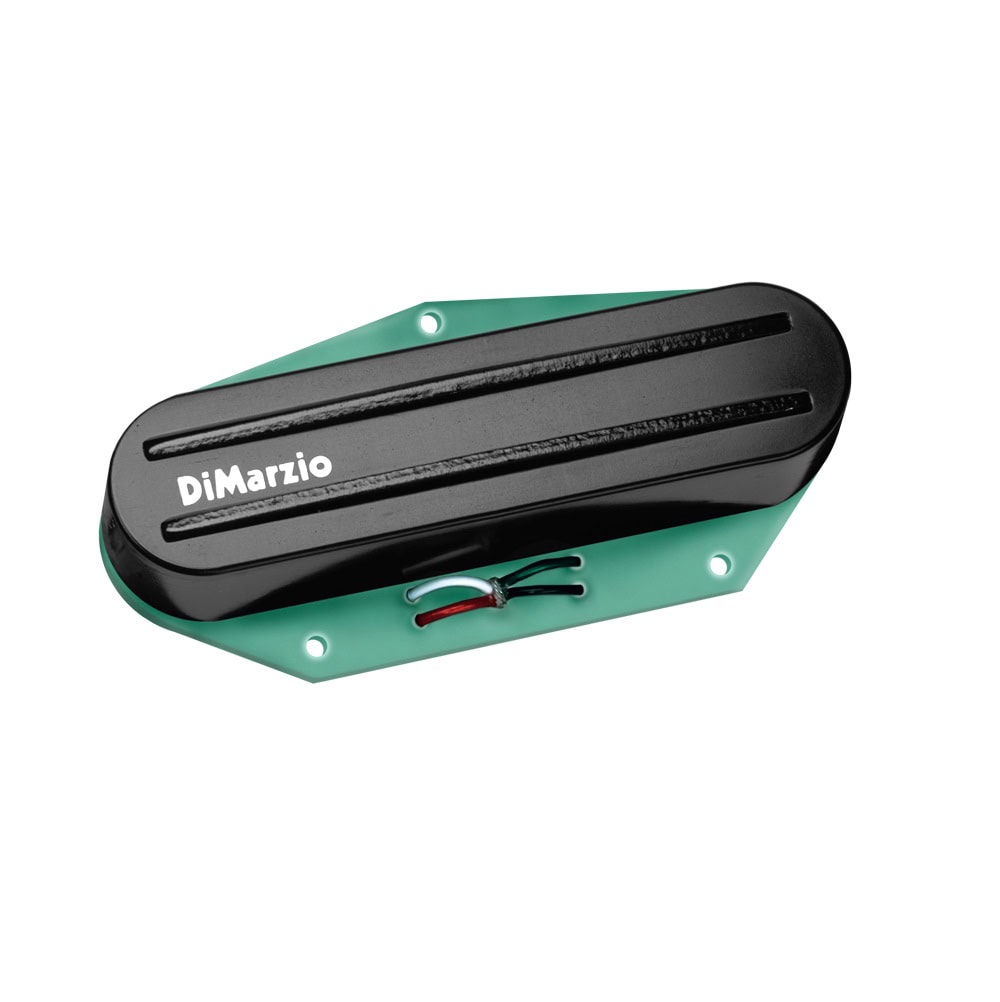 Black DiMarzio guitar pickup with green mounting plate and attached wires.