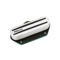 White guitar pickup with black rails and DiMarzio logo on top, mounted on a black base plate.