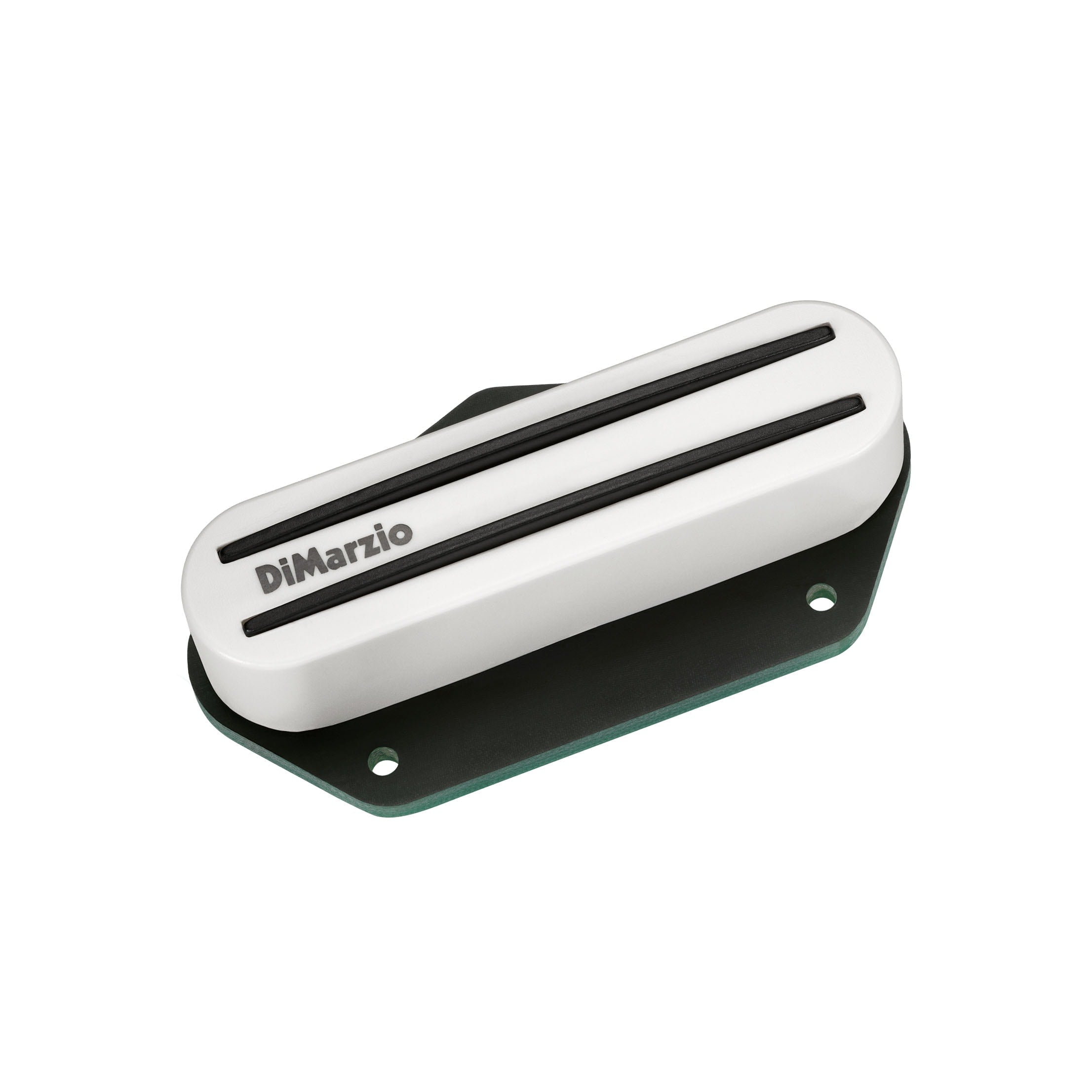 White guitar pickup with black rails and DiMarzio logo on top, mounted on a black base plate.