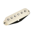 Cream-colored single coil guitar pickup with six metal pole pieces on a black mounting base.
