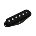 Black guitar pickup with six visible pole pieces and mounting holes at each end.