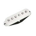 White single coil guitar pickup with six metal pole pieces on a white background.