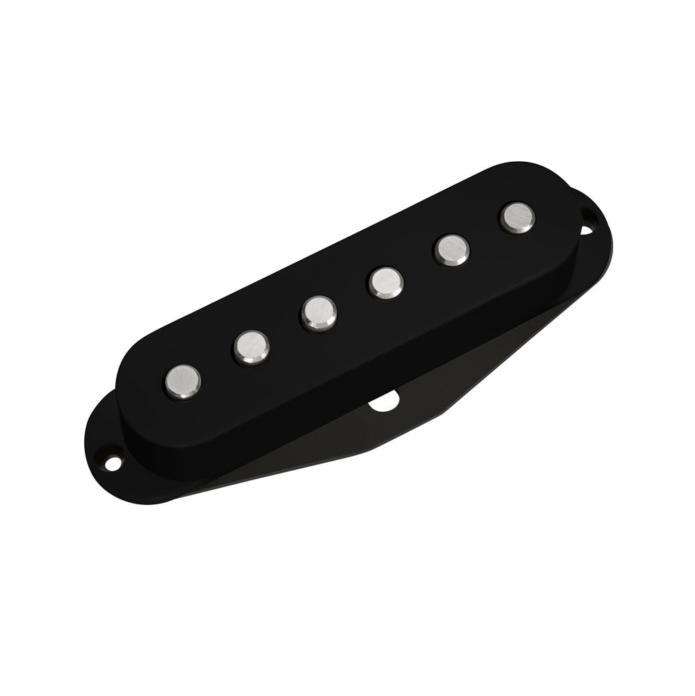 Black guitar pickup with six silver pole pieces mounted on a black base plate.